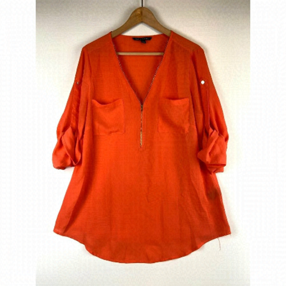 Zac & Rachel Women's Orange Half Zipper V-Neck Roll Tab Sleeve Tunic Top…